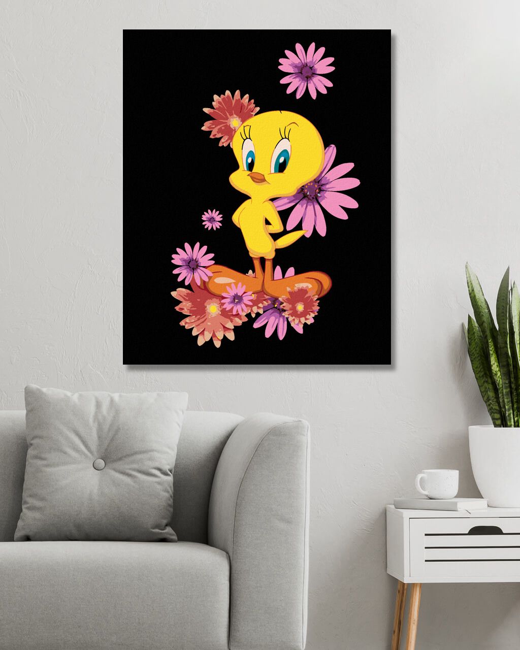 zuty Malování podle čísel - TWEETY A RŮŽOVÉ KVĚTINY (LOONEY TUNES) - Rozměr: 40x50 cm, Rámování: Varianta: bez rámu a bez vypnutí plátna - obrázek 6