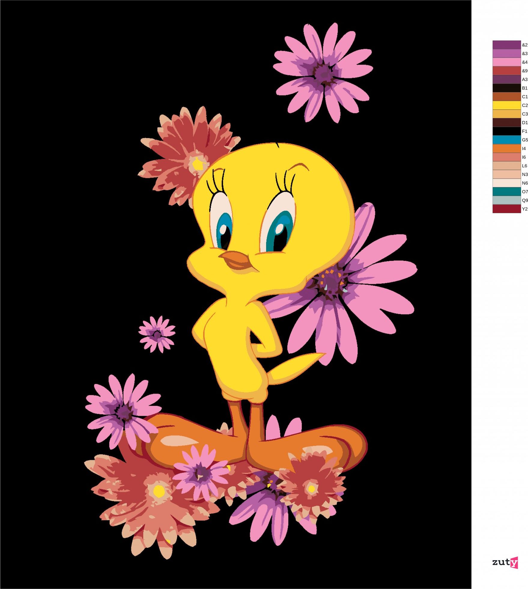 zuty Malování podle čísel - TWEETY A RŮŽOVÉ KVĚTINY (LOONEY TUNES) - Rozměr: 40x50 cm, Rámování: Varianta: bez rámu a bez vypnutí plátna - obrázek 7