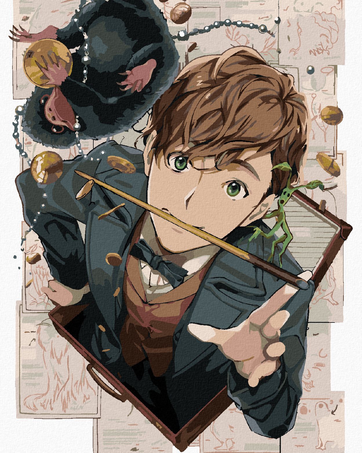 zuty Malování podle čísel - KRESLENÝ MLOK SCAMANDER, KŮROLEZ VĚTVÍK A HRABÁK (FANTASTICKÁ ZVÍŘATA) - Rozměr: 40x50 cm, Rámování: Varianta: bez rámu a bez vypnutí plátna - obrázek 1
