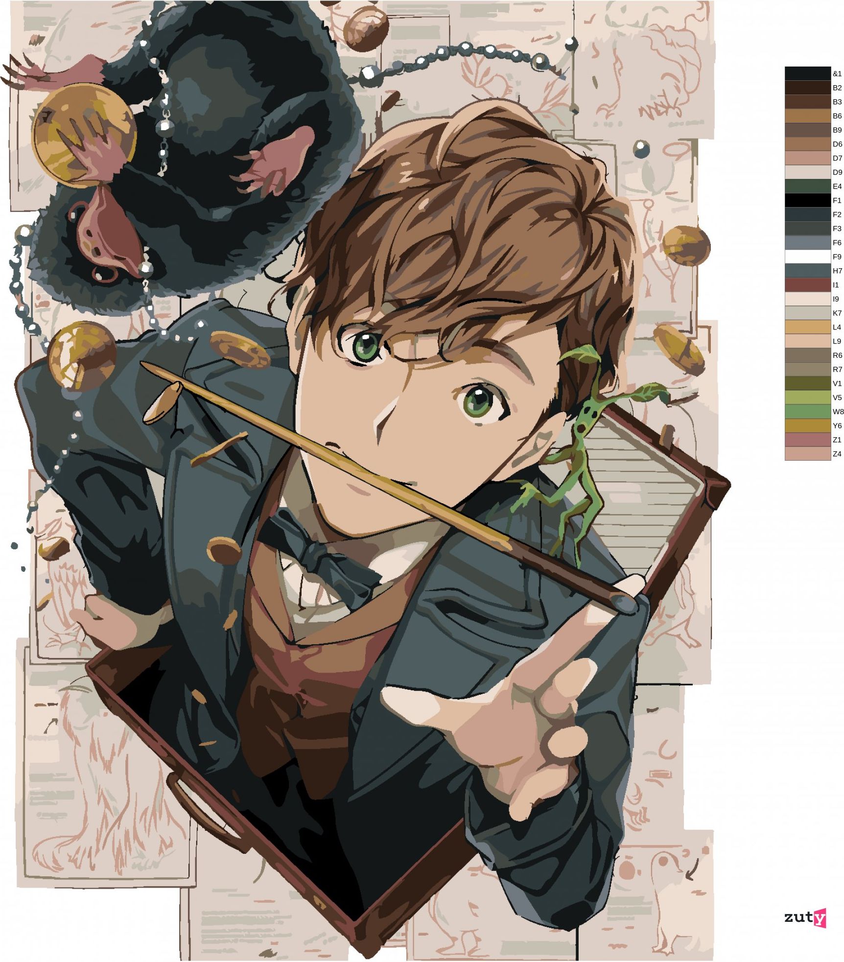 zuty Malování podle čísel - KRESLENÝ MLOK SCAMANDER, KŮROLEZ VĚTVÍK A HRABÁK (FANTASTICKÁ ZVÍŘATA) - Rozměr: 40x50 cm, Rámování: Varianta: bez rámu a bez vypnutí plátna - obrázek 2