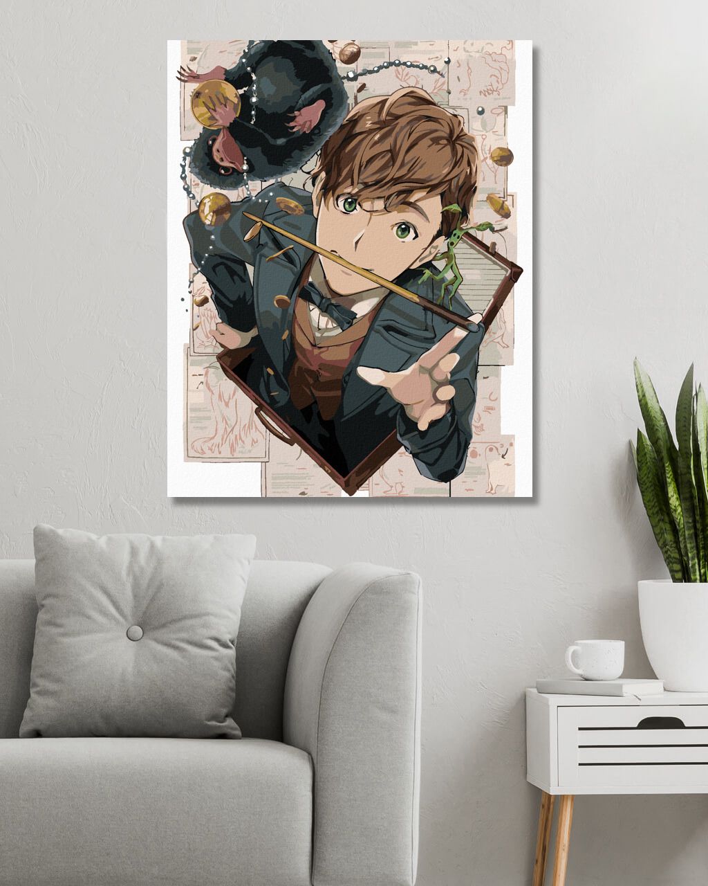 zuty Malování podle čísel - KRESLENÝ MLOK SCAMANDER, KŮROLEZ VĚTVÍK A HRABÁK (FANTASTICKÁ ZVÍŘATA) - Rozměr: 40x50 cm, Rámování: Varianta: bez rámu a bez vypnutí plátna - obrázek 4