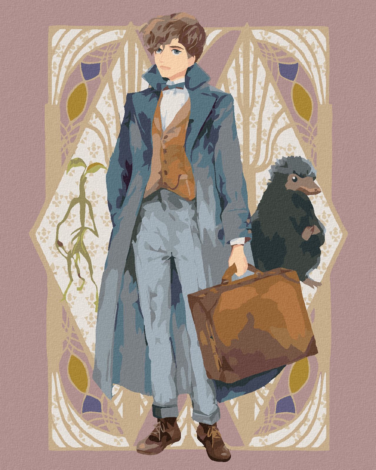zuty Malování podle čísel - KRESLENÝ MLOK SCAMANDER S KUFREM, KŮROLEZ VĚTVÍK A HRABÁK (FANTASTICKÁ ZVÍŘATA) - Rozměr: 40x50 cm, Rámování: Varianta: vypnuté plátno na rám - obrázek 1