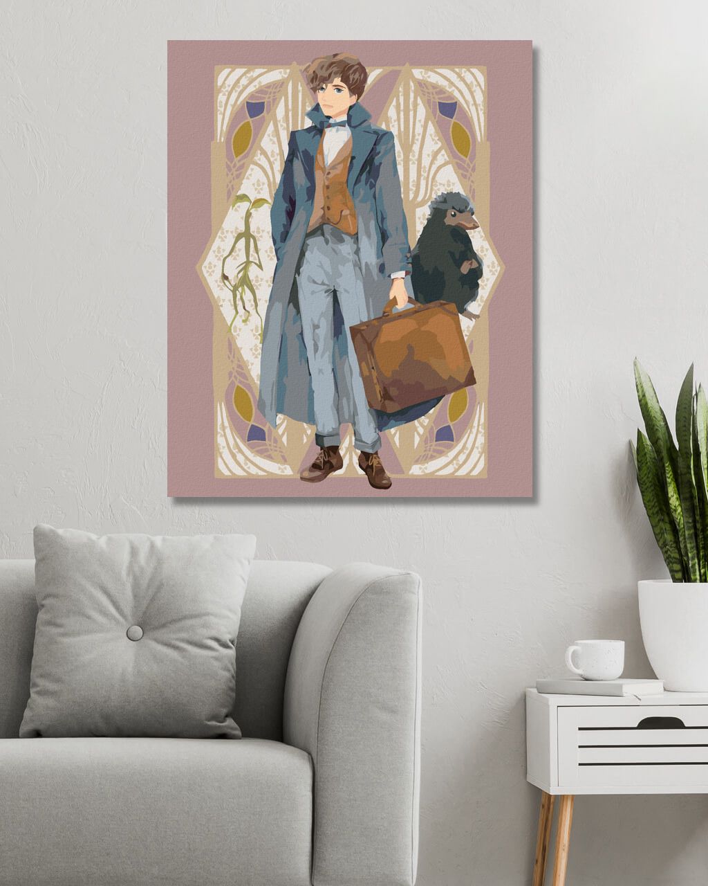 zuty Malování podle čísel - KRESLENÝ MLOK SCAMANDER S KUFREM, KŮROLEZ VĚTVÍK A HRABÁK (FANTASTICKÁ ZVÍŘATA) - Rozměr: 40x50 cm, Rámování: Varianta: vypnuté plátno na rám - obrázek 7