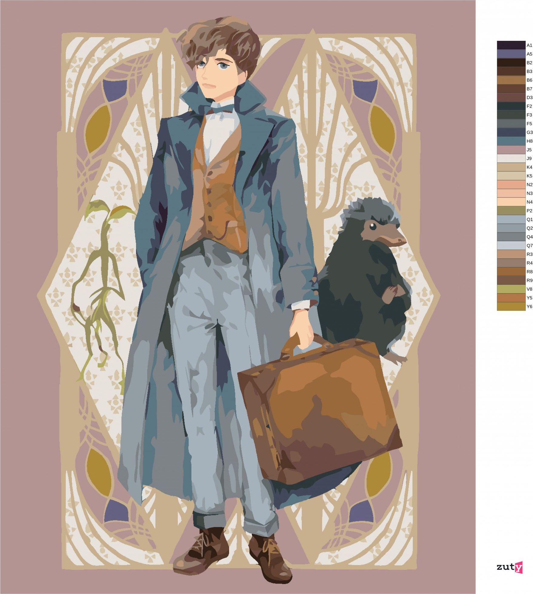 zuty Malování podle čísel - KRESLENÝ MLOK SCAMANDER S KUFREM, KŮROLEZ VĚTVÍK A HRABÁK (FANTASTICKÁ ZVÍŘATA) - Rozměr: 40x50 cm, Rámování: Varianta: vypnuté plátno na rám - obrázek 9