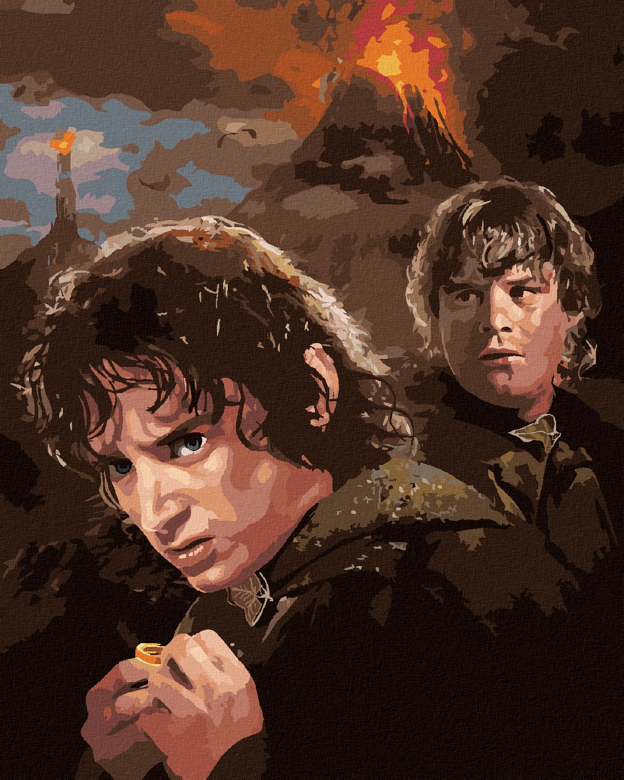 zuty Malování podle čísel - FRODO A SAM U HORY OSUDU (PÁN PRSTENŮ) - Rozměr: 40x50 cm, Rámování: Varianta: vypnuté plátno na rám - obrázek 1
