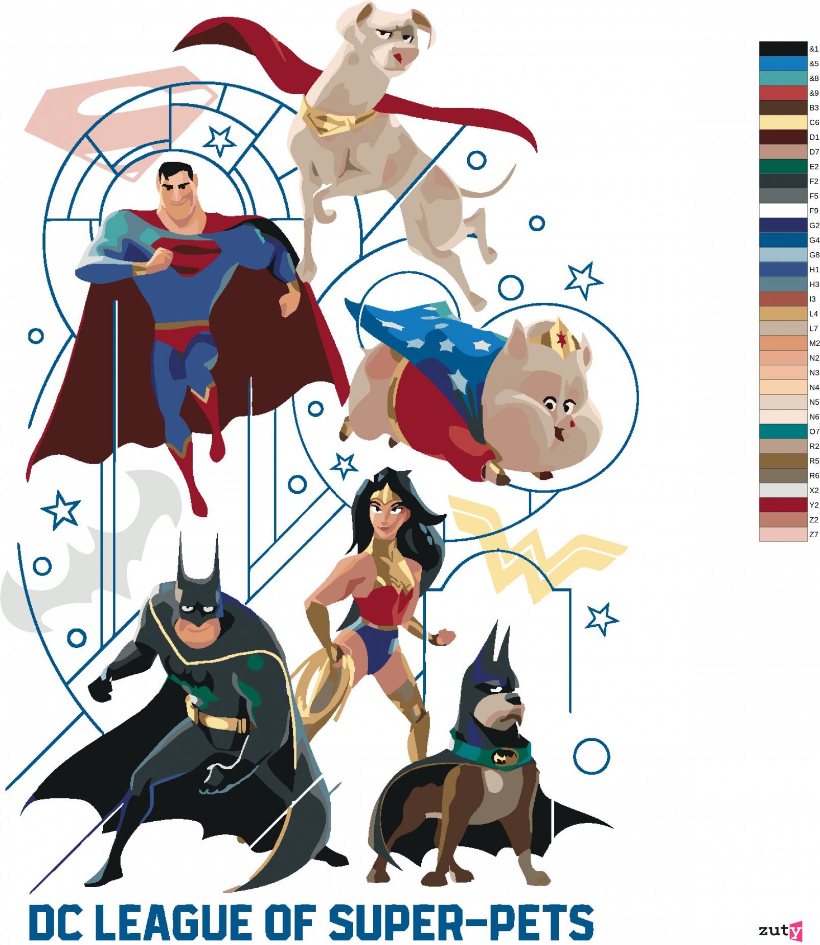 zuty Malování podle čísel - SUPERMAN, BATMAN, WONDER WOMAN (DC LIGA SUPERMAZLÍČKŮ) - Rozměr: 40x50 cm, Rámování: Varianta: bez rámu a bez vypnutí plátna - obrázek 2