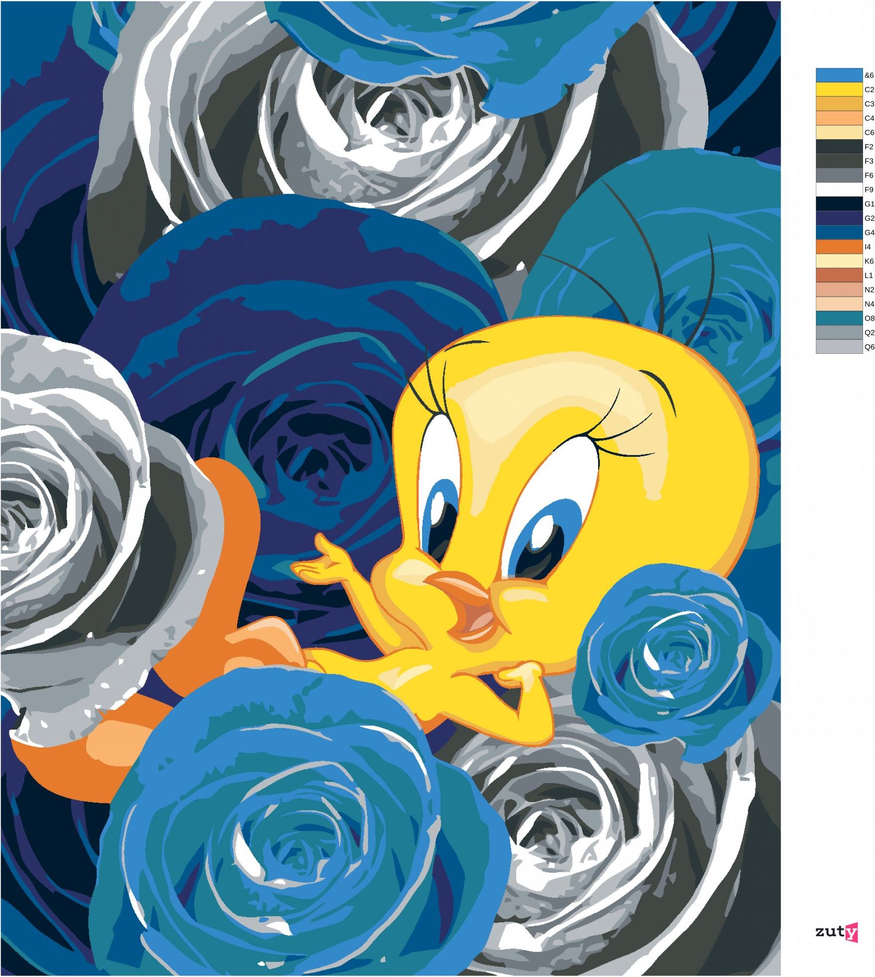 zuty Malování podle čísel - TWEETY A RŮŽE (LOONEY TUNES) - Rozměr: 40x50 cm, Rámování: Varianta: vypnuté plátno na rám - obrázek 2