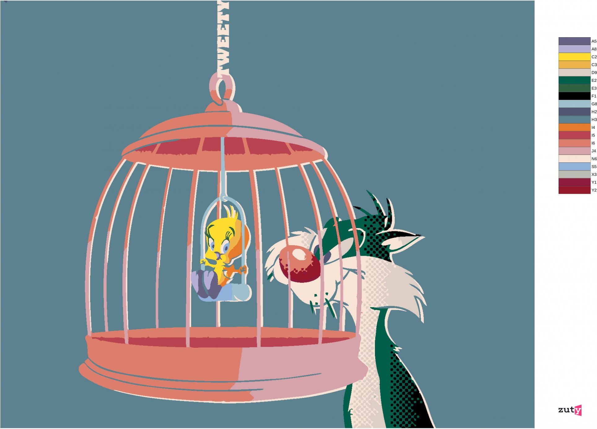zuty Malování podle čísel - SYLVESTER A TWEETY V KLECI (LOONEY TUNES) - Rozměr: 40x50 cm, Rámování: Varianta: bez rámu a bez vypnutí plátna - obrázek 5