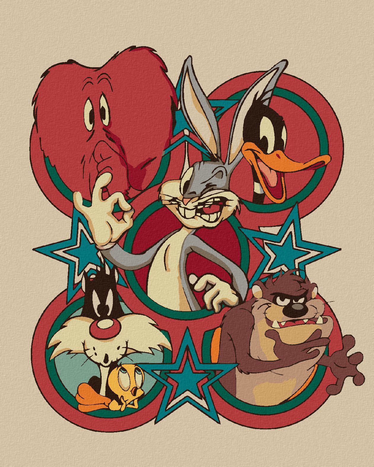 zuty Malování podle čísel - LOONEY TUNES RETRO PLAKÁT II - Rozměr: 40x50 cm, Rámování: Varianta: vypnuté plátno na rám - obrázek 1