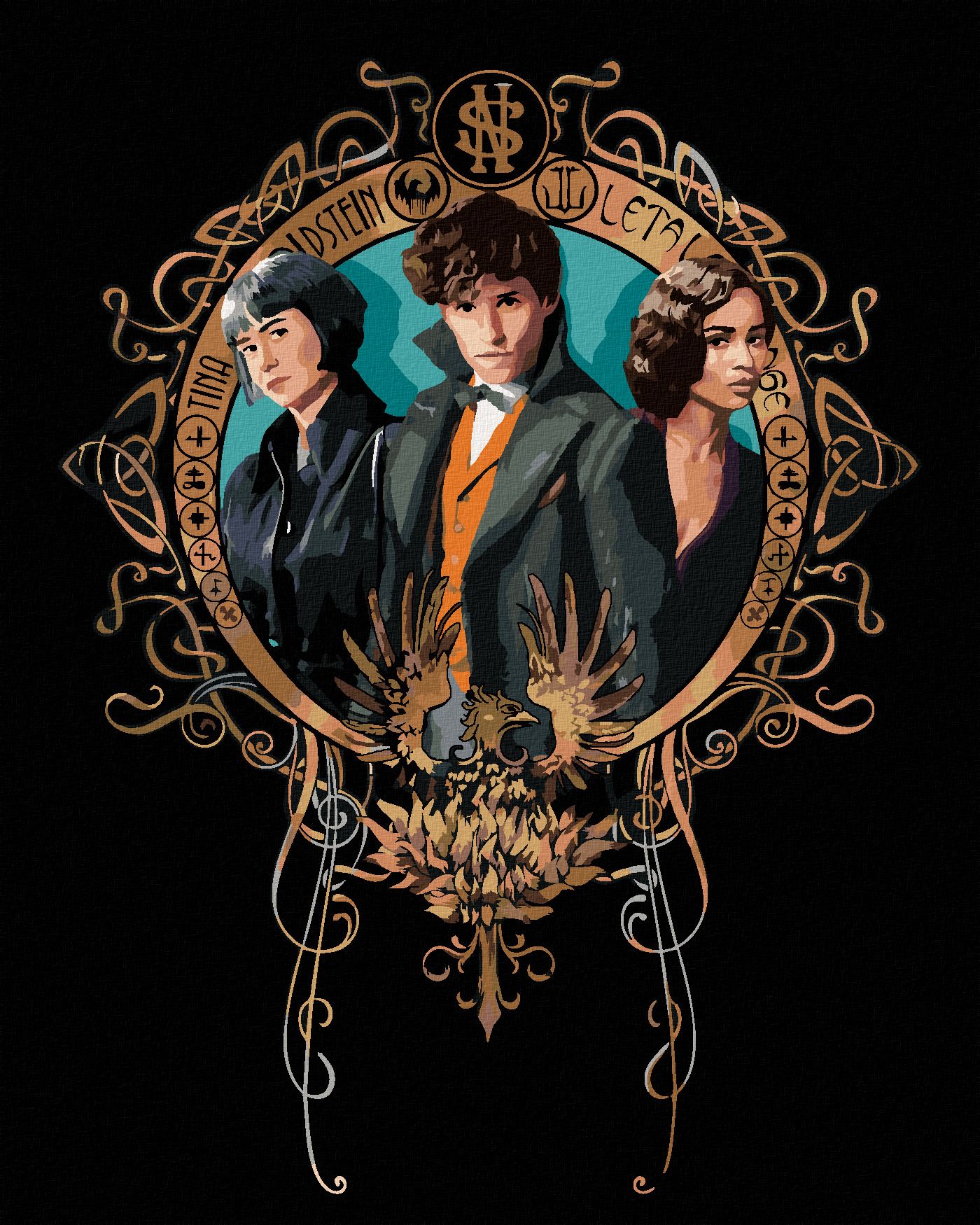 zuty Malování podle čísel - PORTRÉT MLOK SCAMANDER, LETA LESTRANGEOVÁ A PORPENTINA GOLDSTEINOVÁ (FANTASTICKÁ ZVÍŘATA) - Rozměr: 40x50 cm, Rámování: Varianta: bez rámu a bez vypnutí plátna - obrázek 1