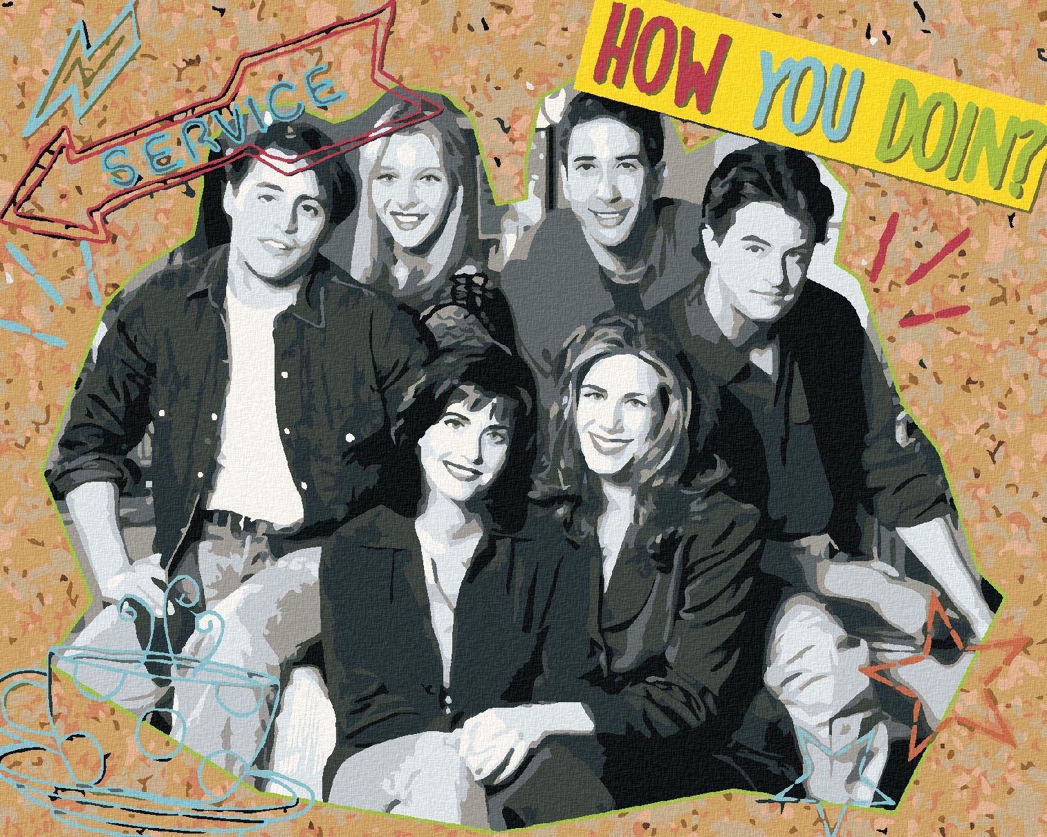 zuty Malování podle čísel - JOEY, PHOEBE, ROSS, CHANDLER, MONICA, RACHEL (PŘÁTELÉ) - Rozměr: 40x50 cm, Rámování: Varianta: vypnuté plátno na rám - obrázek 1