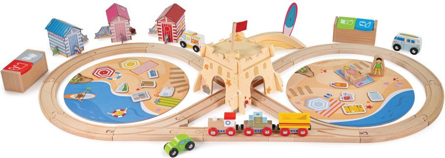 Bigjigs Rail Dřevěná vláčkodráha Úklid pobřeží 70 dílů - obrázek 1