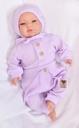 Baby Nellys 3-dílná žebrovaná soupr. Hand Made, body, tepláčky a čepička, lila - obrázek 1
