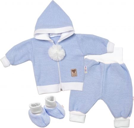 Baby Nellys  3-dílná souprava Hand made, pletený kabátek, kalhoty a botičky, modrá - obrázek 1