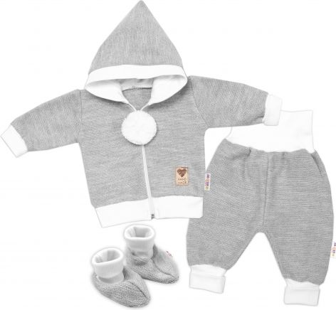 Baby Nellys 3-dílná souprava Hand made, pletený kabátek, kalhoty a botičky, šedá - obrázek 1