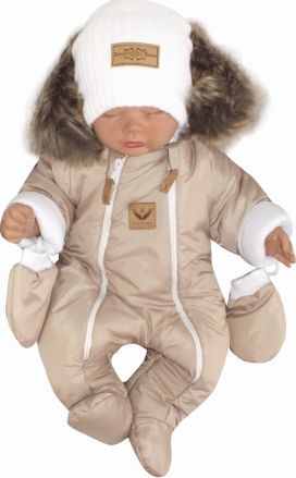 Z&Z Zimní kombinéza s dvojitým zipem, kapucí a kožešinou + rukavičky, Angel - béžový - obrázek 1