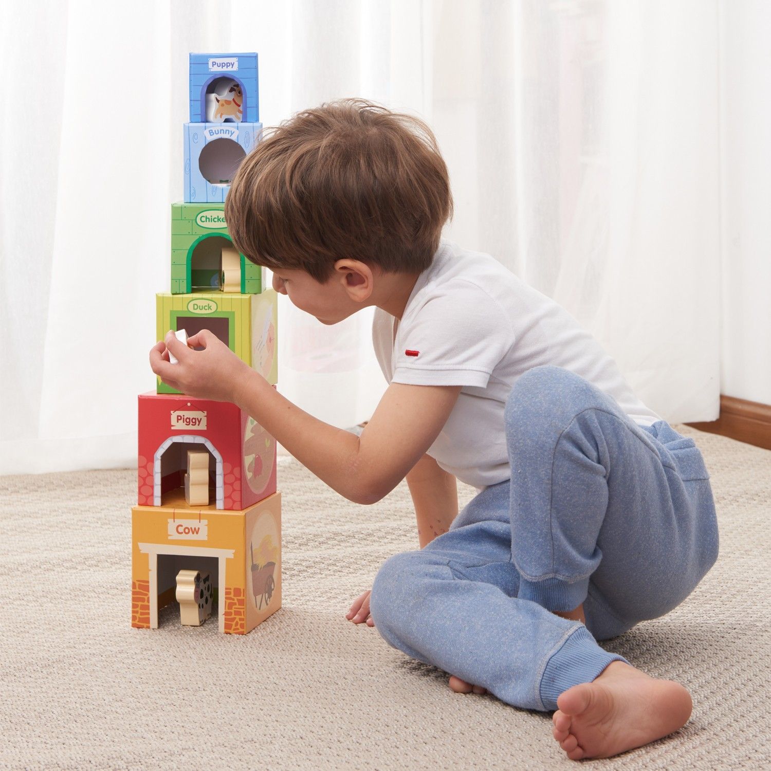 Lelin Toys Stohovací kostky s dřevěnými zvířátky na farmě - obrázek 4