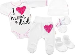 Kojenecká 5-dílná soupravička bavlna - I LOVE MOM AND DAD bílá s růžovou - vel.62 - obrázek 1