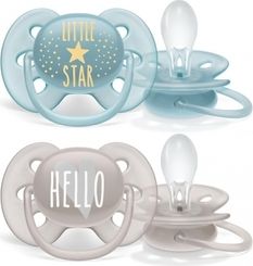 Dudlík silikonový plochý Avent 2ks - HELLO a LITTLE STAR modrý/šedý - 6-18měs. - obrázek 1