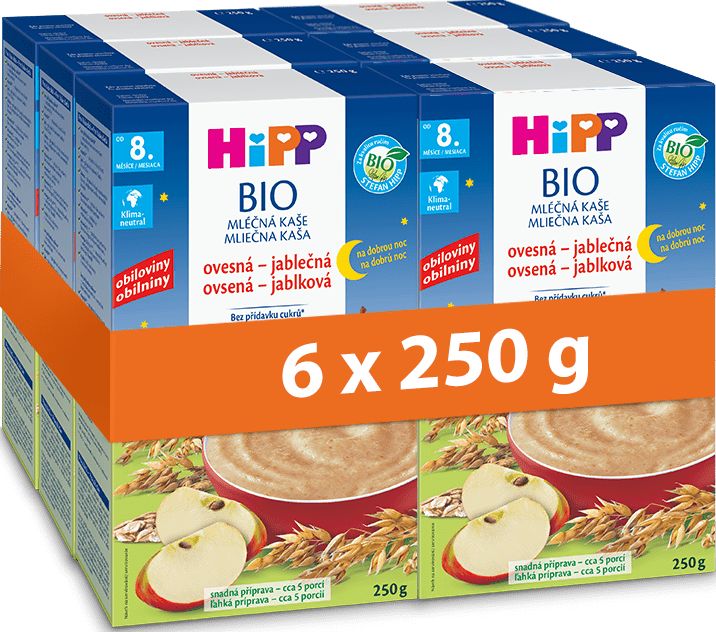 HiPP BIO Mléčná kaše na dobrou noc ovesná-jablečná od 8.měsíce, 6 x 250g - obrázek 1