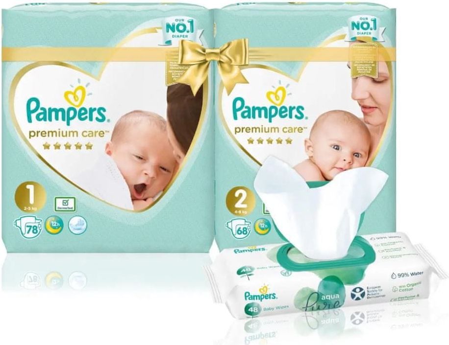 PAMPERS Premium Care Starter Pack S1 + S2 + Aqua Pure ubrousky 48 ks - obrázek 1