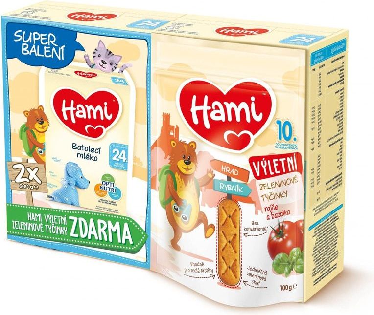 Hami 24+ batolecí mléko 2x 600g + Hami Výletní zeleninové tyčinky Rajče a Bazalka 100 g, 10+ - obrázek 1