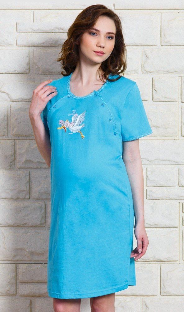 Vienetta Dámská noční košile mateřská Čáp s čepicí barva tyrkysová, velikost S. - obrázek 1