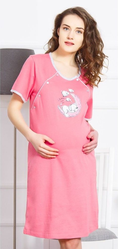 Vienetta Dámská noční košile mateřská s krátkým rukávem Štěně na měsíci barva lososová, velikost S. - obrázek 1