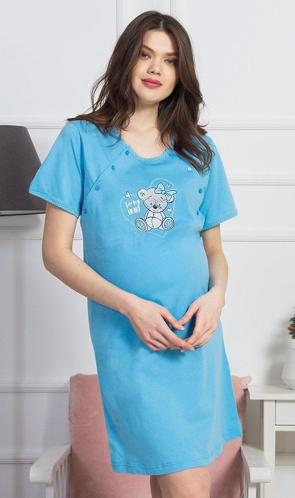 Vienetta Dámská noční košile mateřská Méďa v srdíčku barva modrá, velikost S - obrázek 1