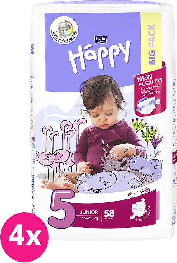 4x BELLA HAPPY Junior 5 (12-25 kg) Big Pack 58 ks - jednorázové plenky - obrázek 1