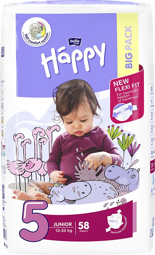 4x BELLA HAPPY Junior 5 (12-25 kg) Big Pack 58 ks - jednorázové plenky - obrázek 2