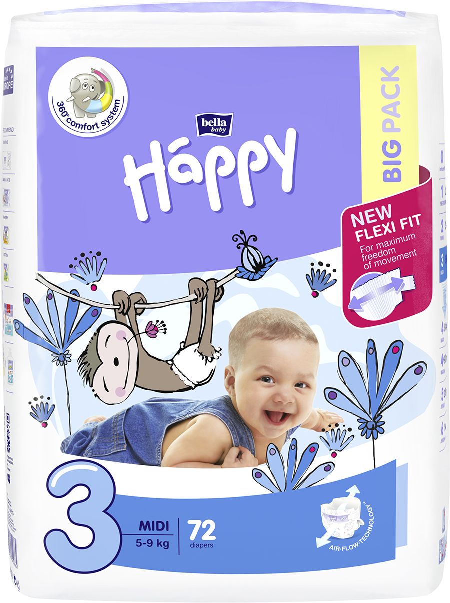 4x BELLA HAPPY Midi Big Pack 3 (5-9 kg) 72 ks - jednorázové pleny - obrázek 2
