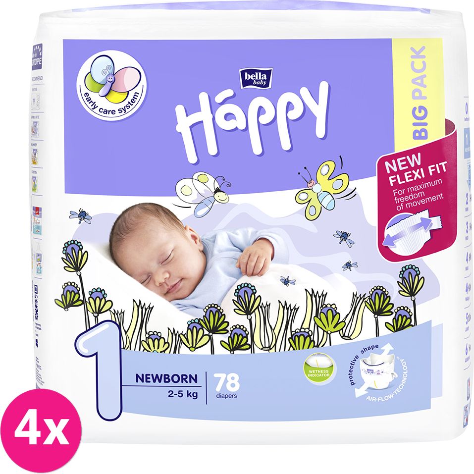 4x BELLA HAPPY Newborn 1 (2-5 kg) Big Pack 78 ks - jednorázové pleny - obrázek 1
