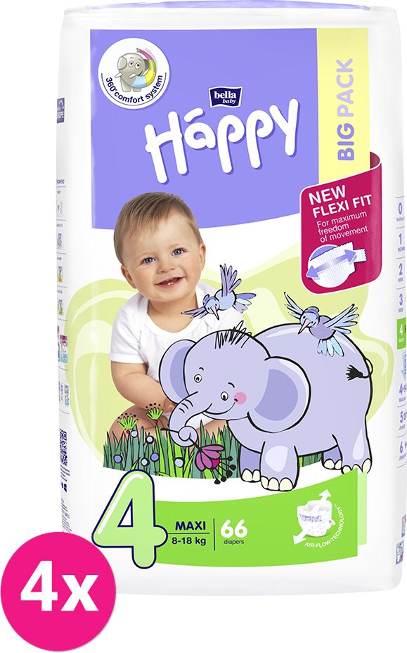 4x BELLA HAPPY Maxi Big Pack 4 (8-18 kg) 66 ks - jednorázové pleny - obrázek 1