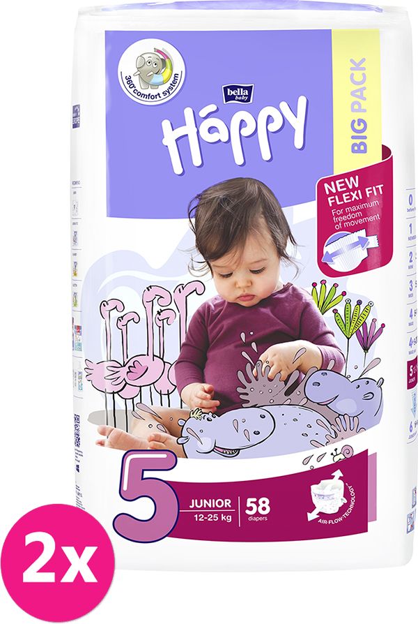 2x BELLA HAPPY Junior 5 (12-25 kg) Big Pack 58 ks – jednorázové plenky - obrázek 1