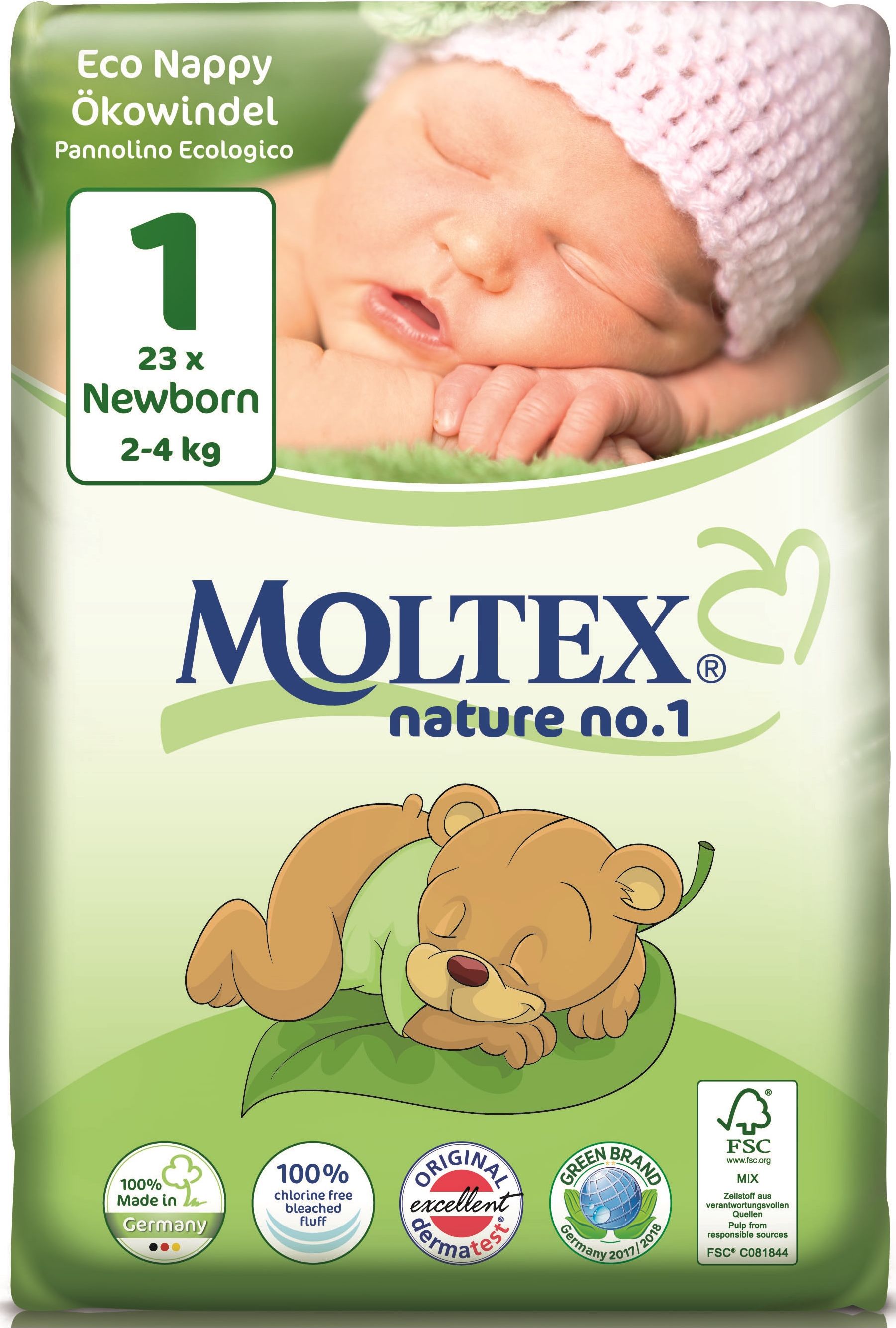 MOLTEX Nature no. 1 Newborn, 23 ks (2 - 4 kg) – jednorázové pleny - obrázek 1