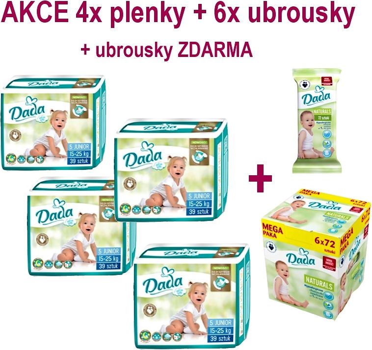 4x Plenky DADA Extra soft vel. 5 (156ks) + Vlhčené ubrousky Natural - obrázek 1