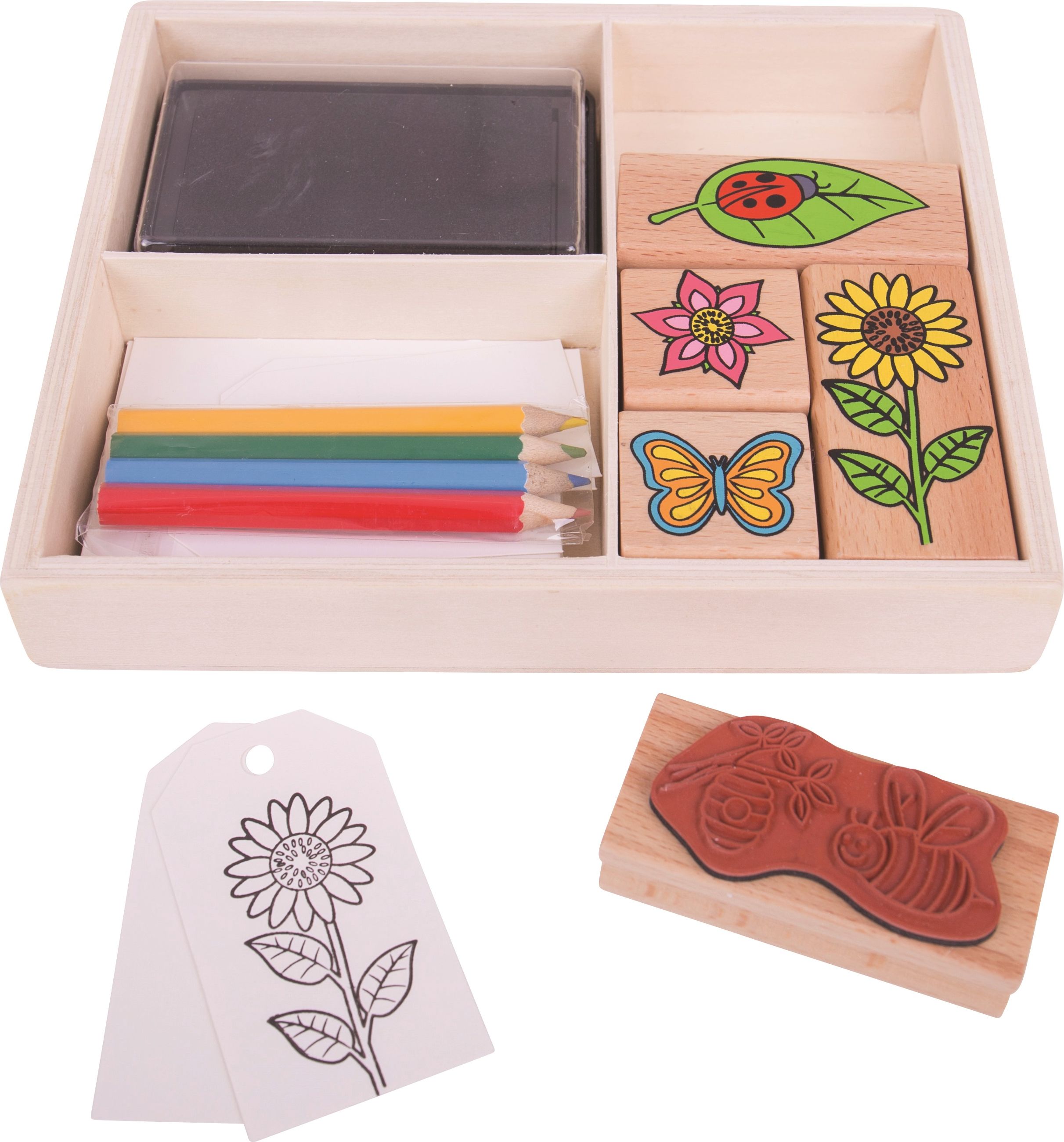 Bigjigs Toys Dřevěné razítka s pastelkami Zahrada - obrázek 1