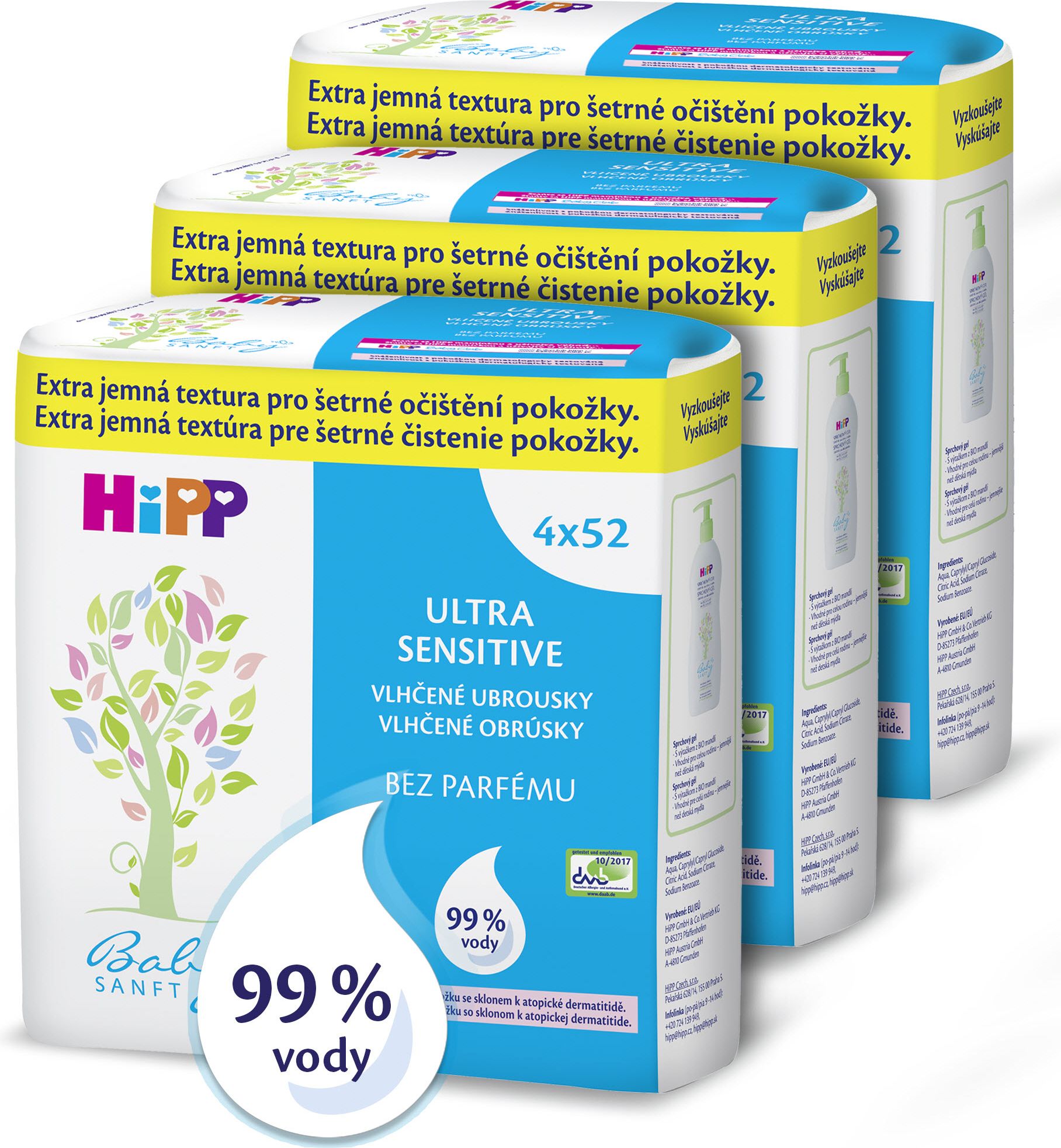3x HIPP Babysanft Ultra sensitive (4x) 52 ks - vlhčené ubrousky bez parfému - obrázek 1