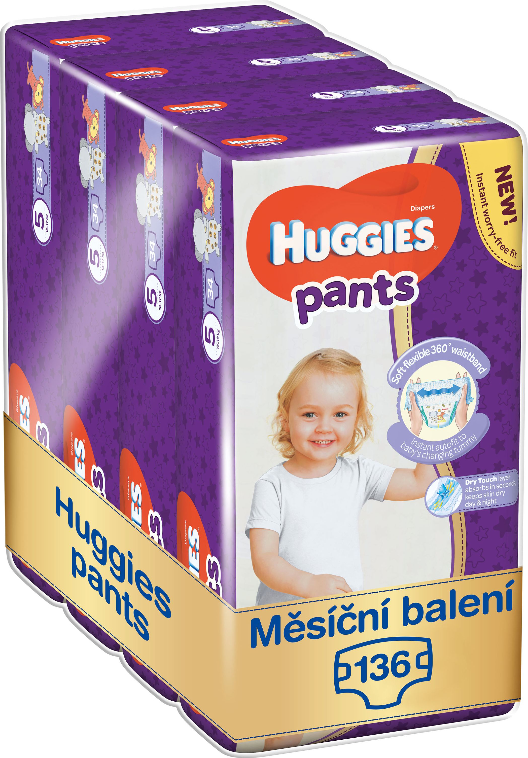 HUGGIES® Pants Jumbo 5 (12-17 kg), MĚSÍČNÍ ZÁSOBA 136 ks - plenkové kalhotky - obrázek 1