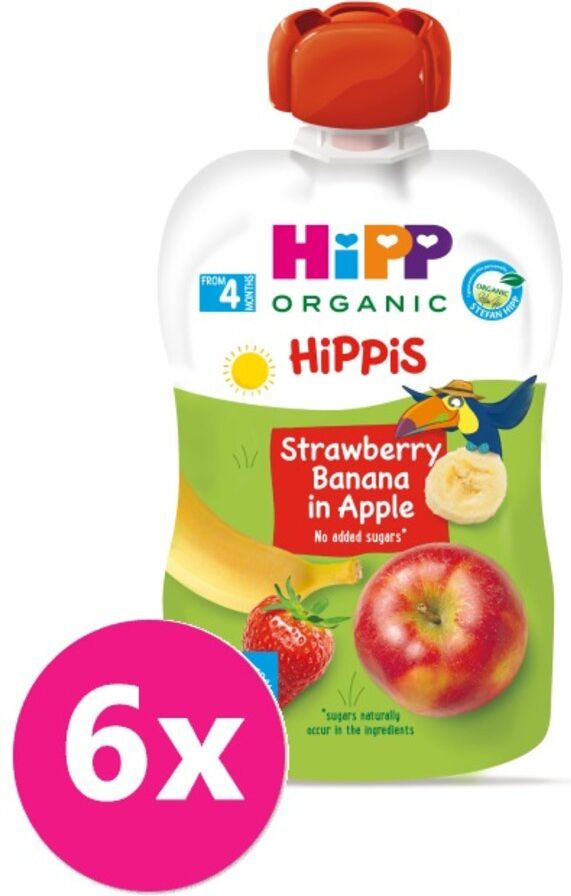 6x HiPP HiPPiS BIO 100% ovoce Jablko-Banán-Jahoda 100 g – ovocný příkrm - obrázek 1