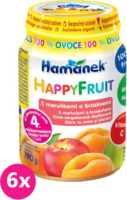 6x HAMÁNEK HappyFruit 100% s broskvemi a meruňkou, (190 g) - ovocný příkrm - obrázek 1