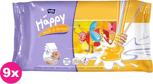 9x BELLA HAPPY BABY Vlhčené ubrousky mléko a med 64 ks - obrázek 1