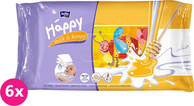 6x BELLA HAPPY BABY Vlhčené ubrousky mléko a med 64 ks - obrázek 1