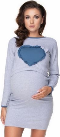 Be MaaMaa Těhotenská, kojící noční košile srdce, dl. rukáv - šedá, Velikosti těh. moda L/XL - obrázek 1