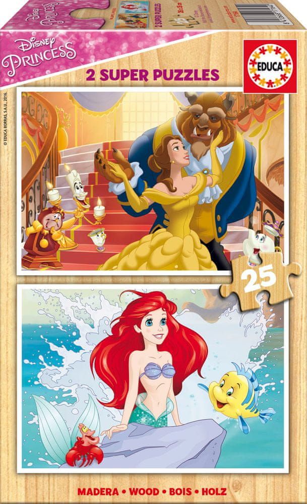 EDUCA Dřevěné Disney princezny Kráska Belle a Ariel 2x25 dílků - obrázek 1