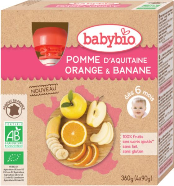 Babybio ovocné pyré jablko pomeranč banán sáčky 4 x 90 g - obrázek 1