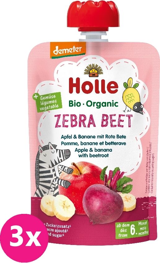 Holle Zebra Beet Bio ovocné pyré jablkobanán a červená řepa 3 x 100 g - obrázek 1