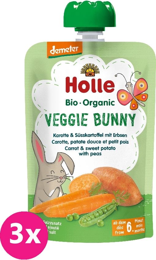 3x HOLLE Veggie Bunny Bio pyré mrkev, batáty a hrášek, 100 g (6 m+) - obrázek 1