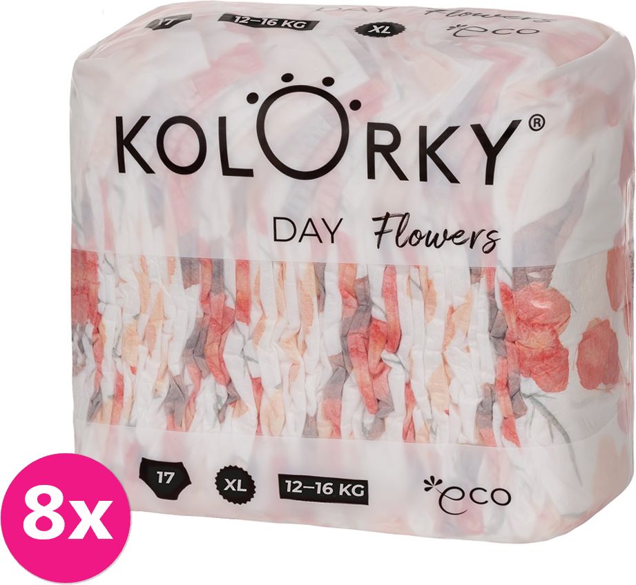 KOLORKY DAY - květy - XL (12-16 kg) - 136 ks MĚSÍČNÍ ZÁSOBA - jednorázové eko plenky - obrázek 1